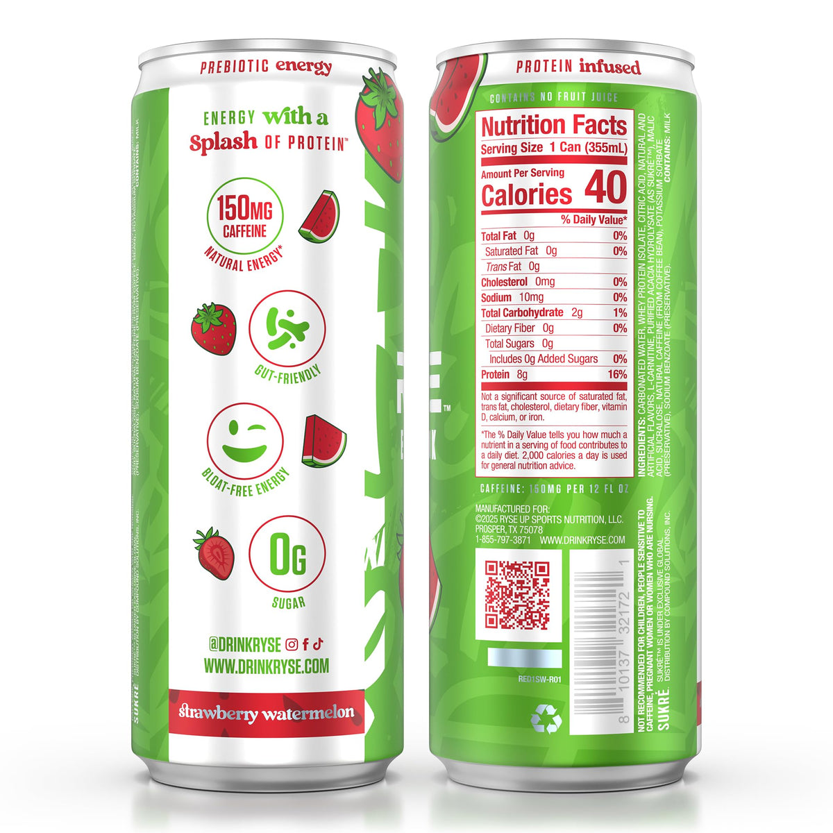 RYSE Up prebiotic ingredient panel signals digestive support for busy days.