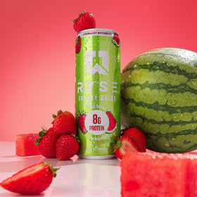 RYSE Up side panel highlights sugar-free energy with gut-friendly formula.