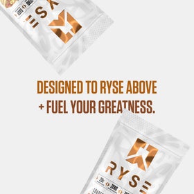 RYSE Up Protein Pancake Mix stack with syrup, convenient high-protein meal.