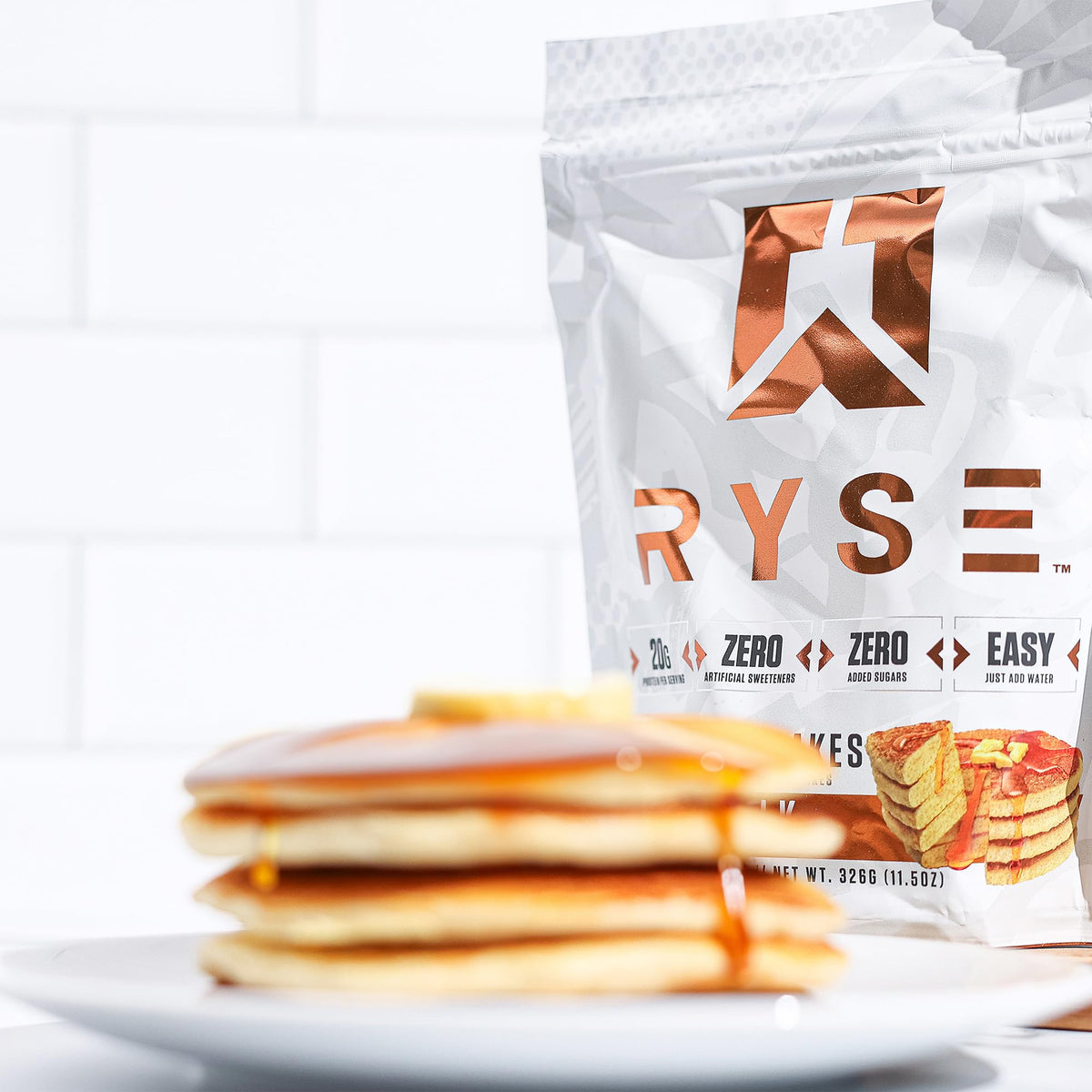 RYSE Up Protein Pancake Mix USA-made label signaling quality.