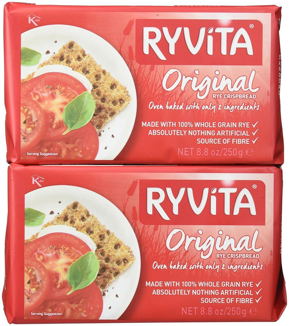 Ryvita Original Rye Crispbread packaging highlighting a fiber-rich, wholesome cracker for quick meals
