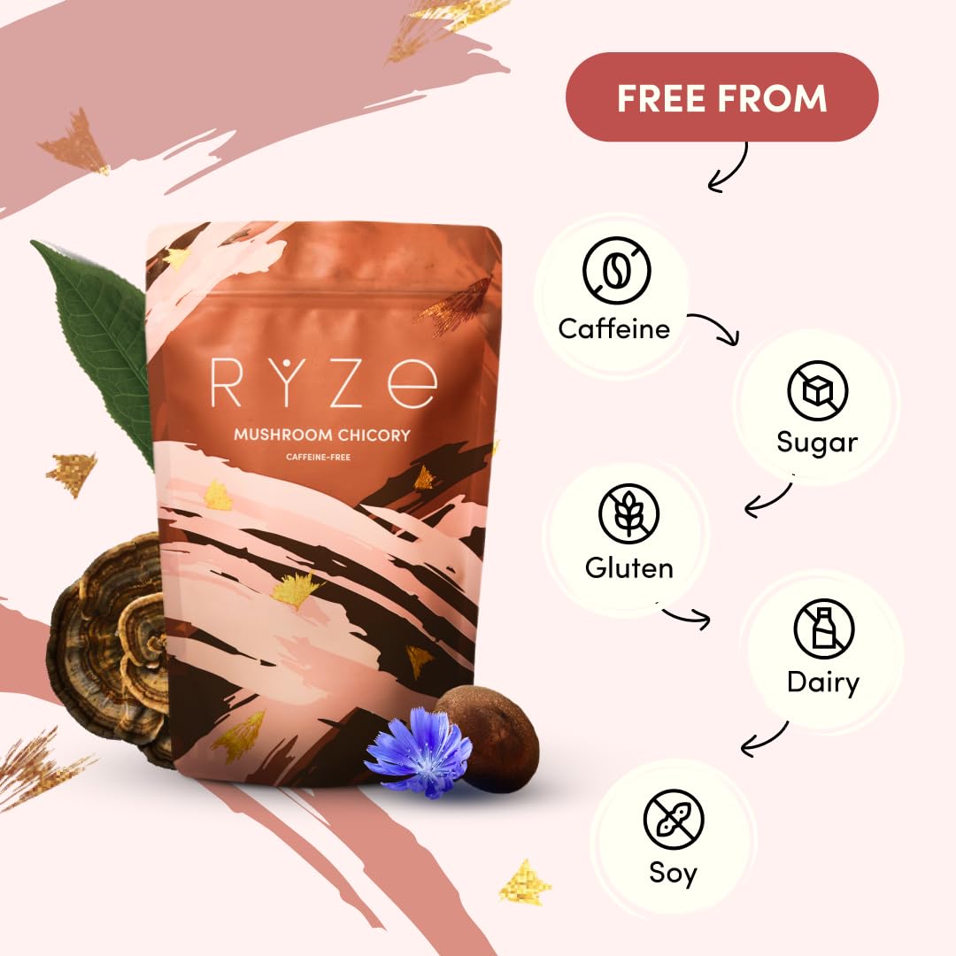 RYZE Mushroom Chicory ingredients-blend visually showcases a natural mushroom mix.