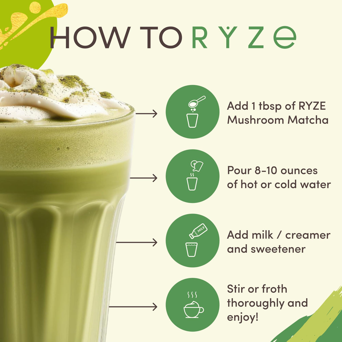 RYZE SUPERFOODS Energy and Immunity visual with latte and calm focus