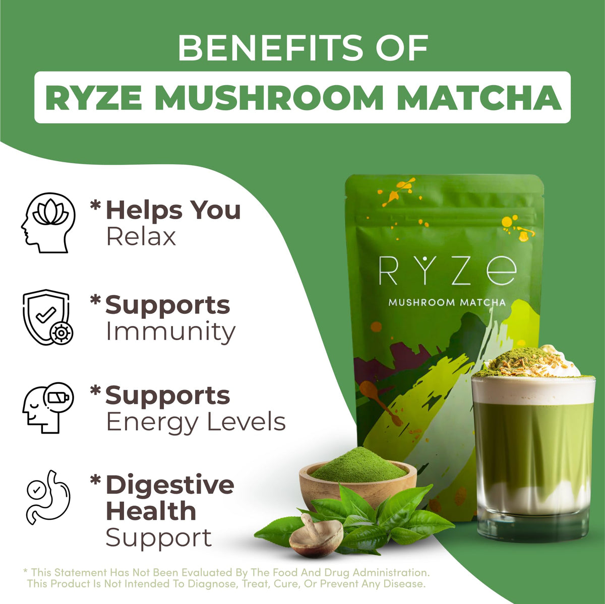 RYZE SUPERFOODS Matcha Mushroom Powder jar with premium labeling for focus