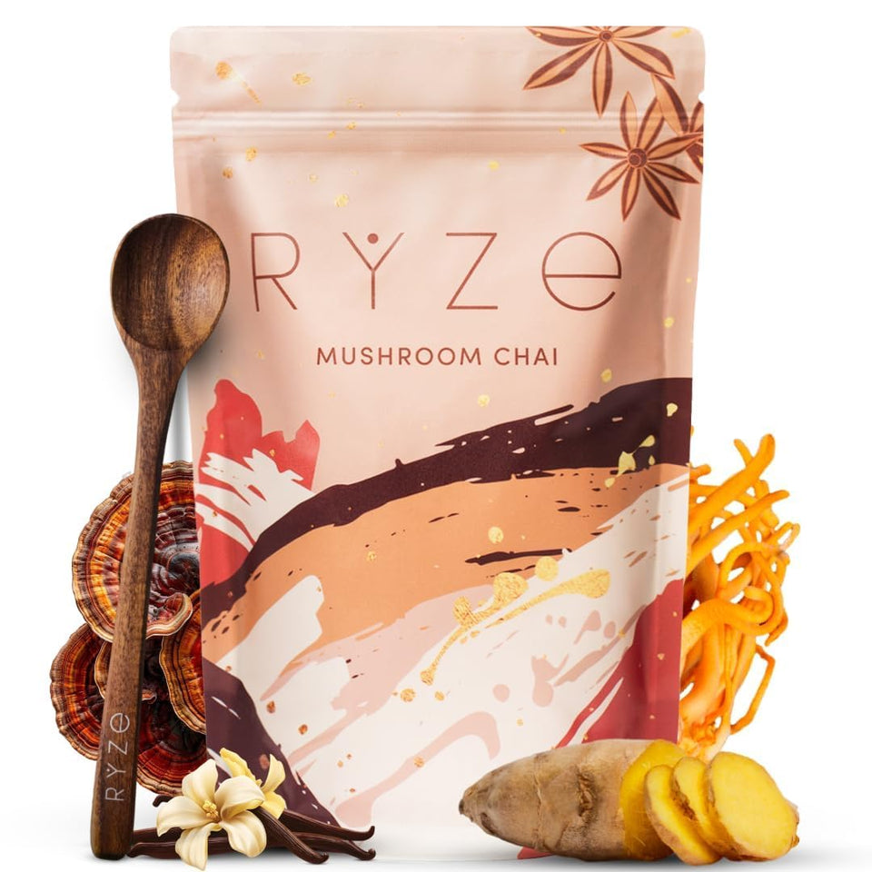 RYZE SUPERFOODS Mushroom Chai bottle on shelf showing gluten-free formula for steady energy.