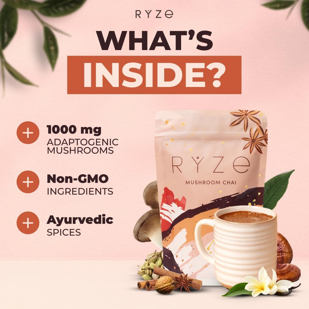 RYZE Mushroom Chai brewed cup with steam and spices.