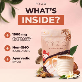 RYZE Mushroom Chai brewed cup with steam and spices.