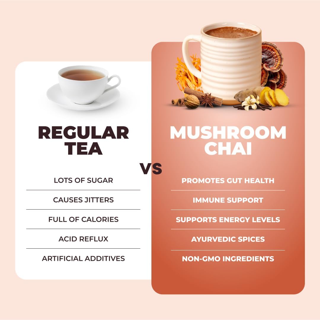 RYZE Mushroom Chai ingredients featuring Lion's Mane and Reishi mushrooms.