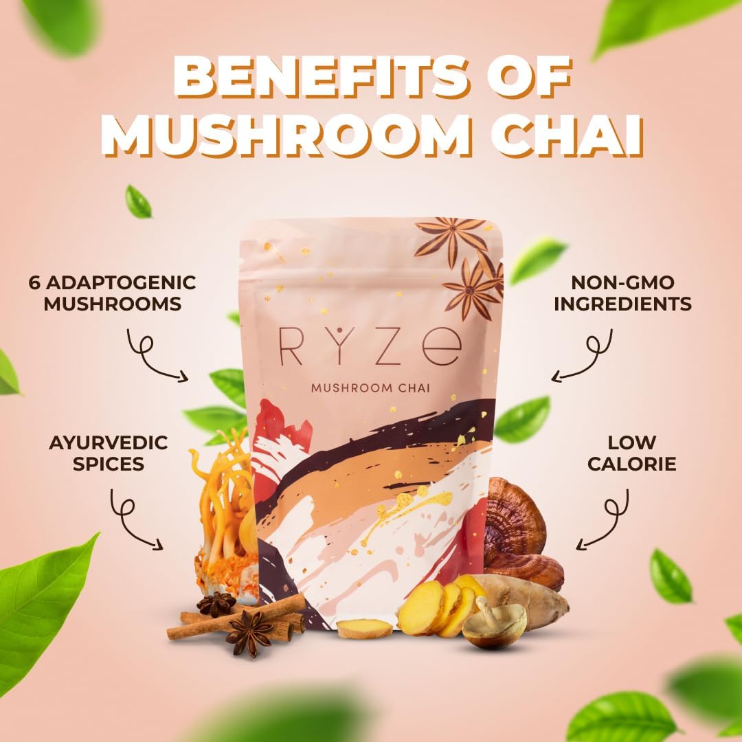 RYZE Mushroom Chai powder close-up showing six adaptogenic mushrooms.