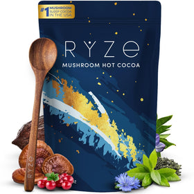 RYZE Superfoods Mushroom Hot Cocoa bottle front for a calming bedtime routine.