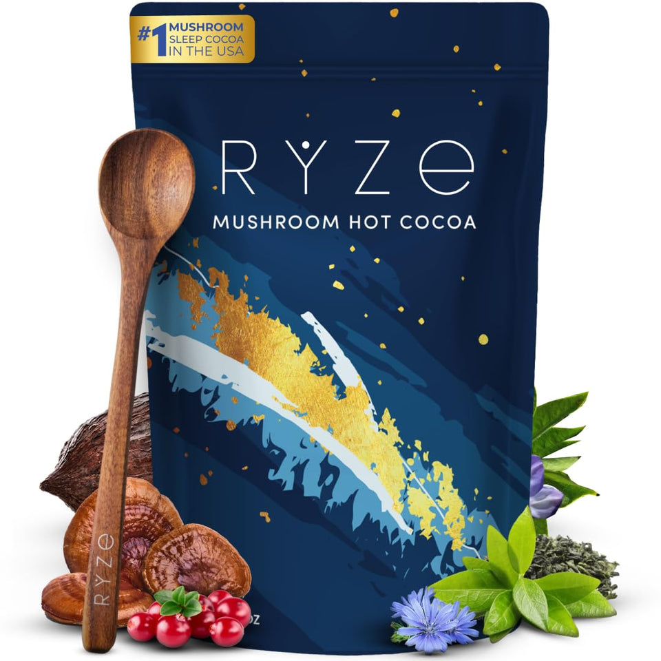 RYZE Superfoods Mushroom Hot Cocoa bottle front for a calming bedtime routine.