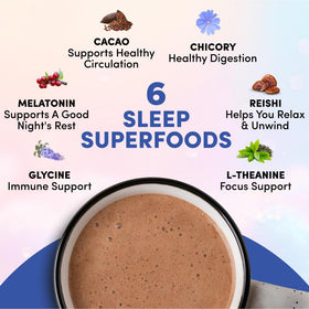RYZE Superfoods Mushroom Hot Cocoa ingredients scene with cacao, reishi, glycine.