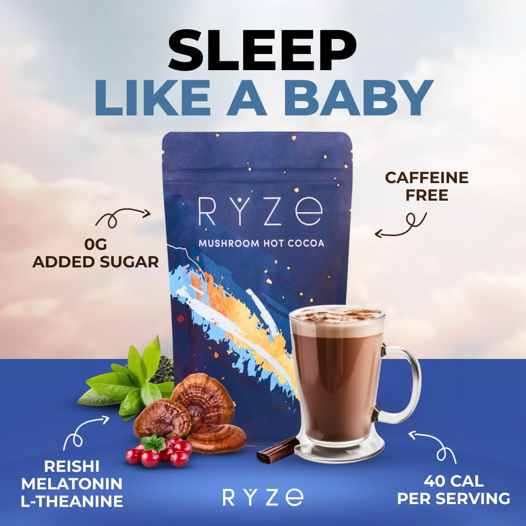 RYZE Superfoods Mushroom Hot Cocoa packaging closeup highlighting melatonin blend.