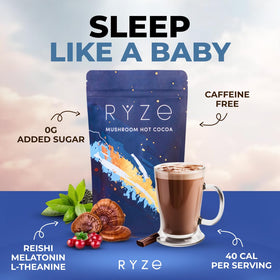 RYZE Superfoods Mushroom Hot Cocoa packaging closeup highlighting melatonin blend.