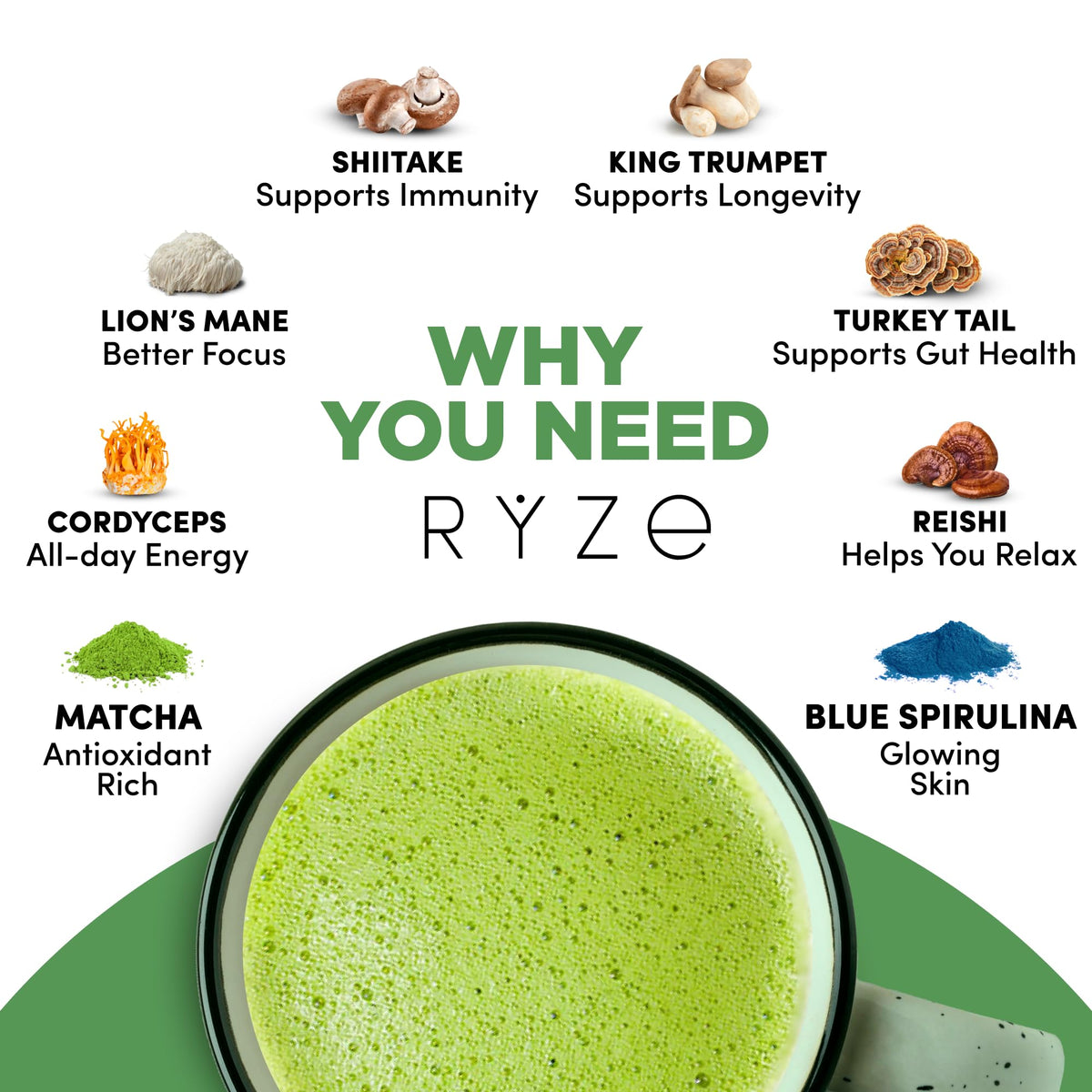 RYZE Mushroom Matcha Starter Kit mushroom blend powder ready for energizing beverages