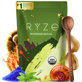 RYZE Superfoods Mushroom Matcha Starter Kit packaging promotes premium daily wellness