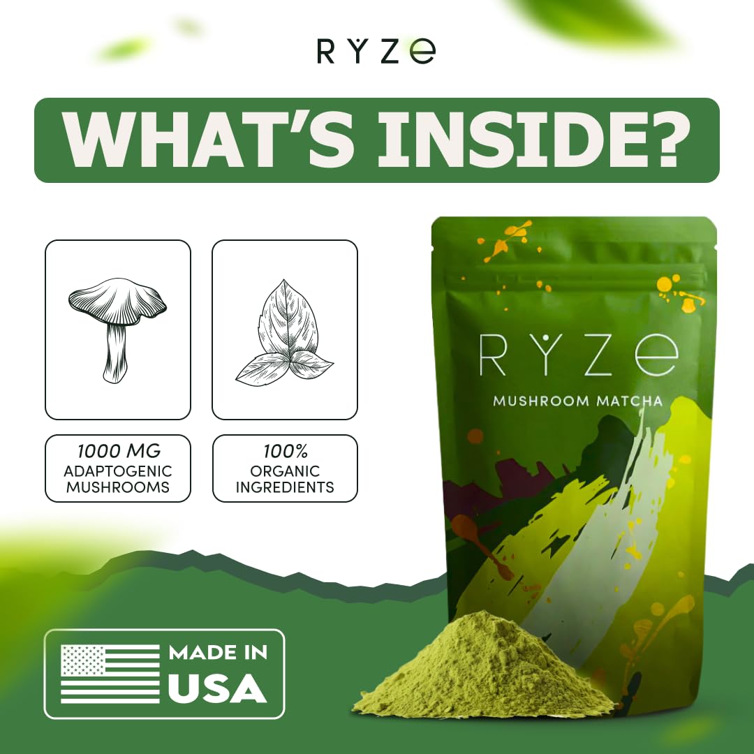 RYZE Matcha latte prepared with adaptogens for calm alertness