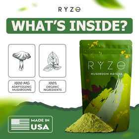 RYZE Matcha latte prepared with adaptogens for calm alertness