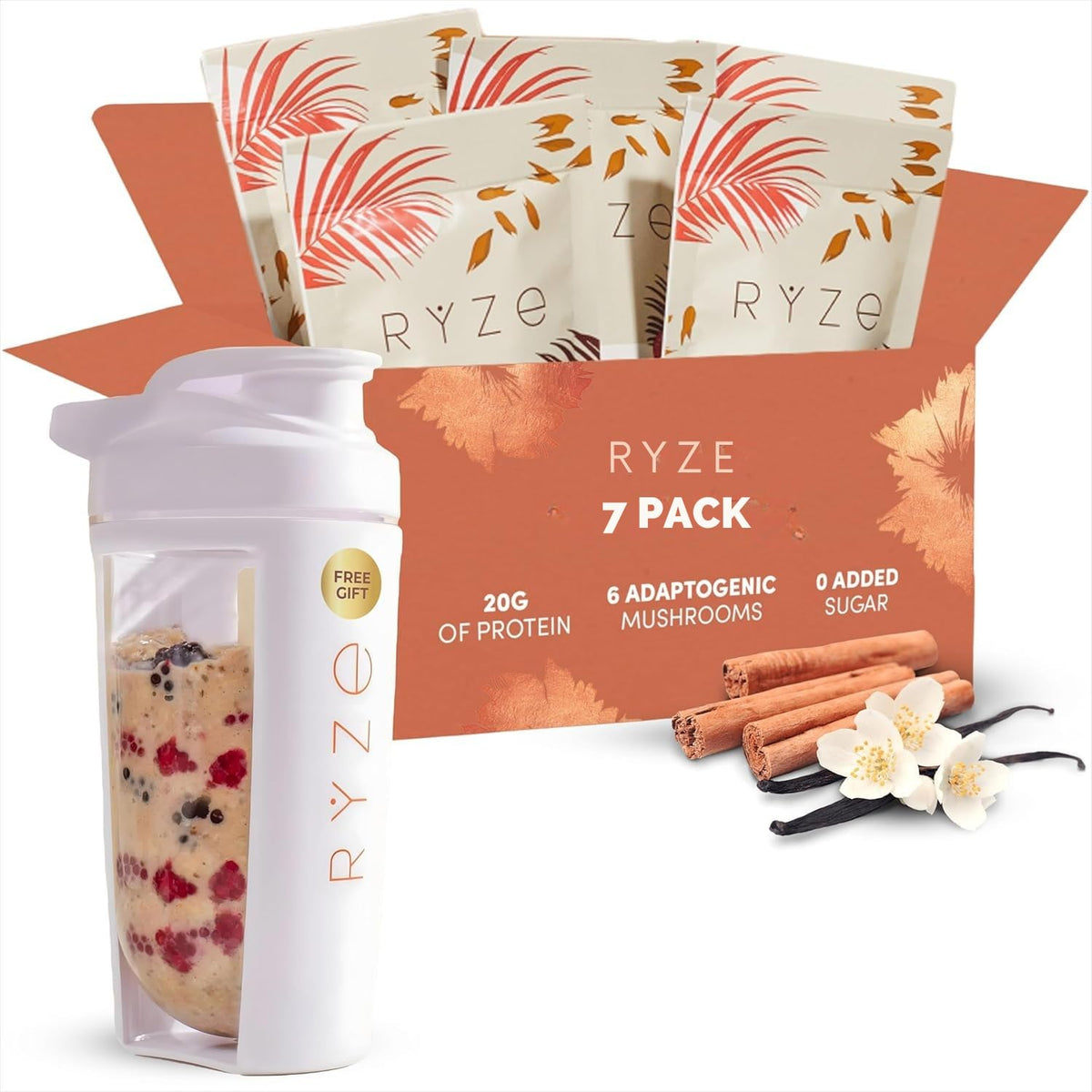 RYZE Superfoods Mushroom Protein Overnight Oats bowl shows creamy, protein-packed breakfast.