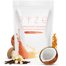 RYZE Probiotic Coffee Creamer bottle pouring for a creamy latte-like coffee.