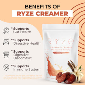 RYZE Probiotic Creamer label shows six mushrooms for balanced daily wellness.