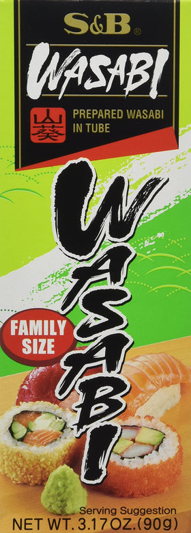 S&B Wasabi Paste pack of 3, front view, ready for sushi prep and dipping.