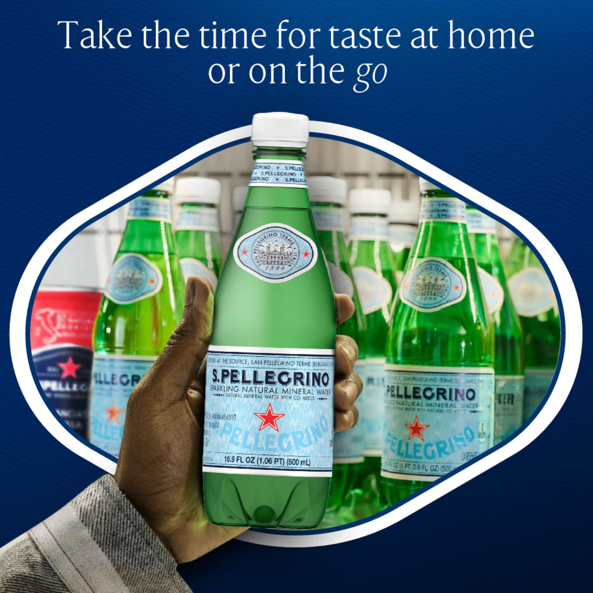 Close-up of S. Pellegrino label showing natural minerals for hydration