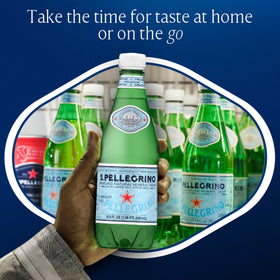 Close-up of S. Pellegrino label showing natural minerals for hydration