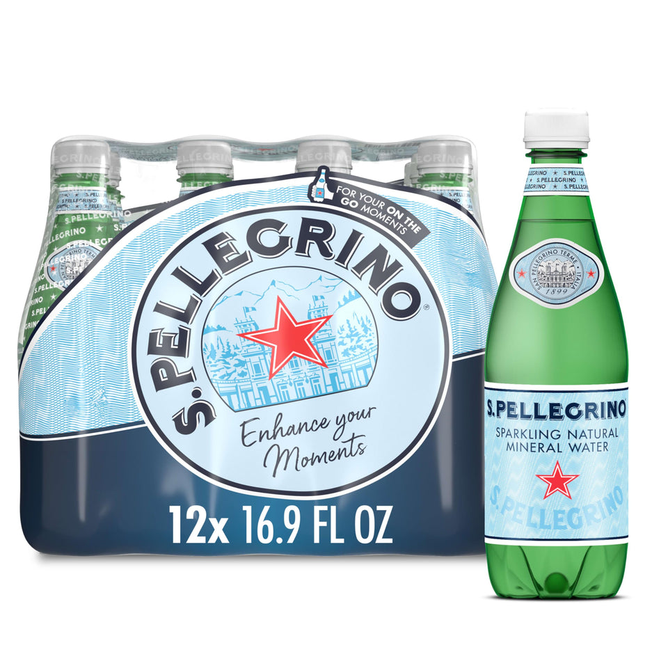 S. Pellegrino sparkling water bottle front view highlighting crisp taste for meals