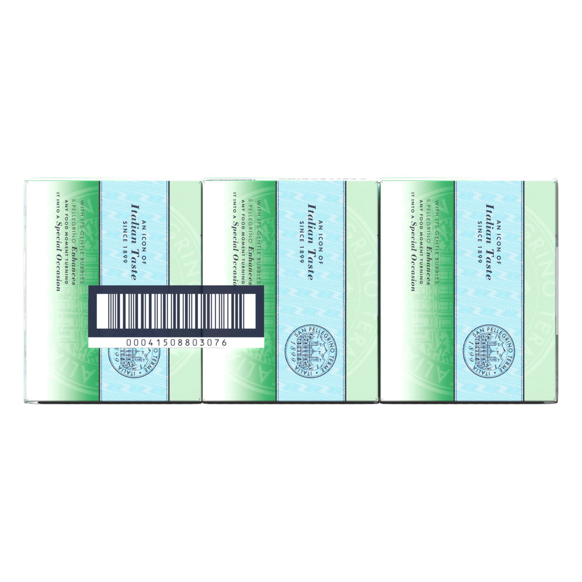 24-count carton showcases convenient S.Pellegrino packaging.