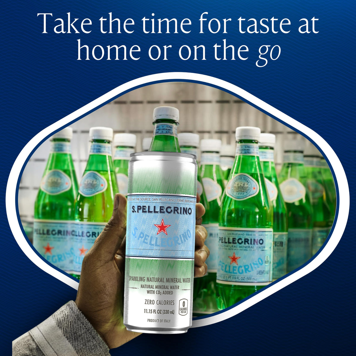 S.Pellegrino pour into a glass highlighting crisp bubbles.