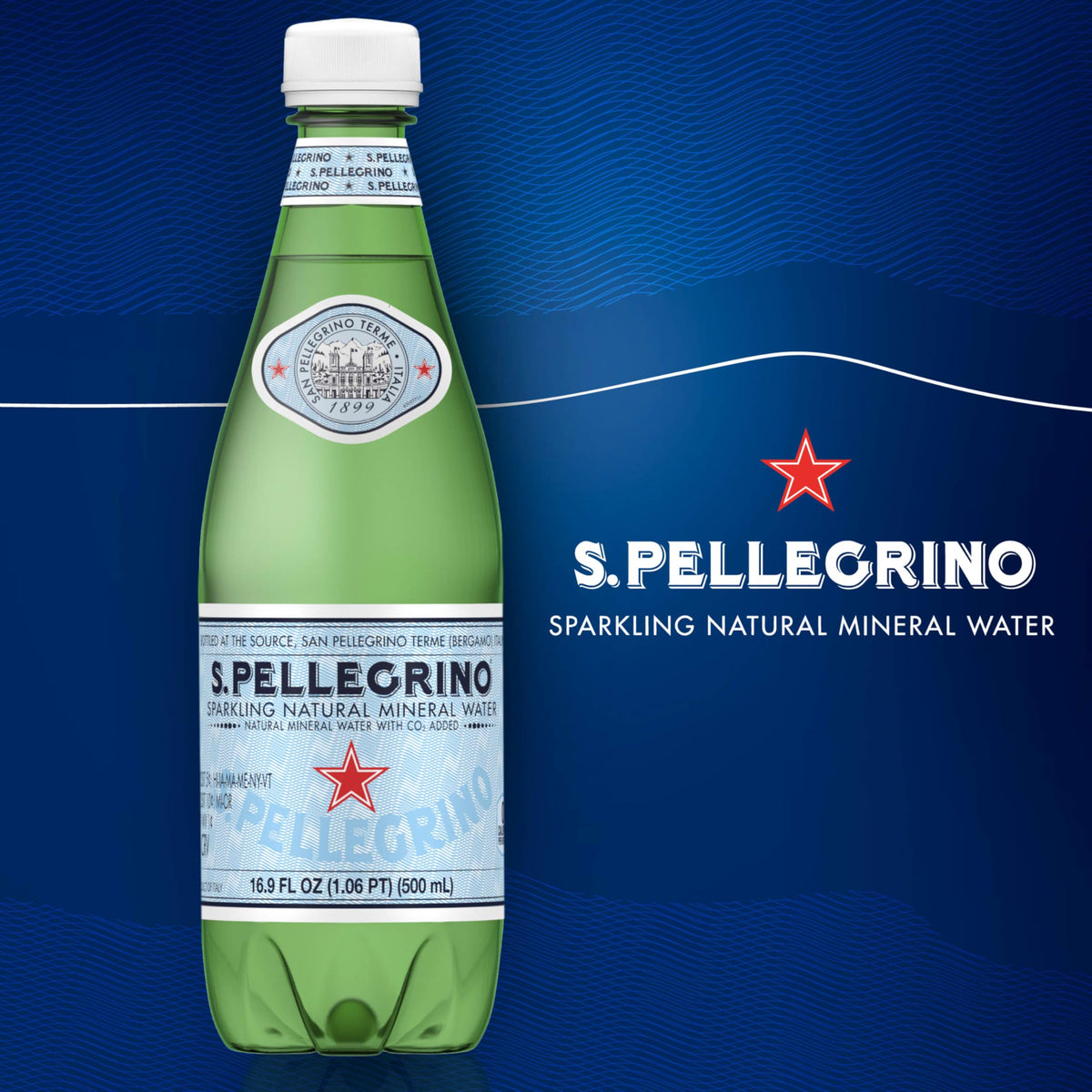 Twelve-pack S. Pellegrino bottles arranged for convenient on-the-go hydration