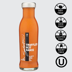 Sabatino Tartufi truffle hot sauce label closeup highlights real truffle aroma