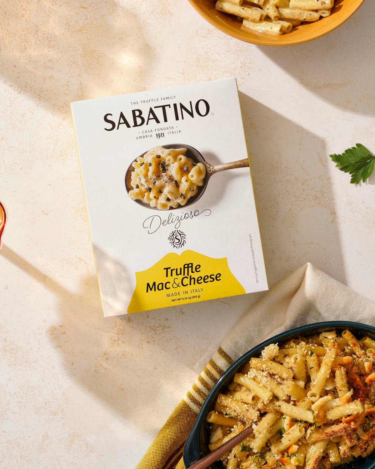 Sabatino Tartufi truffle macaroni cheese serving, fresh aroma and restaurant-like flavor in minutes.