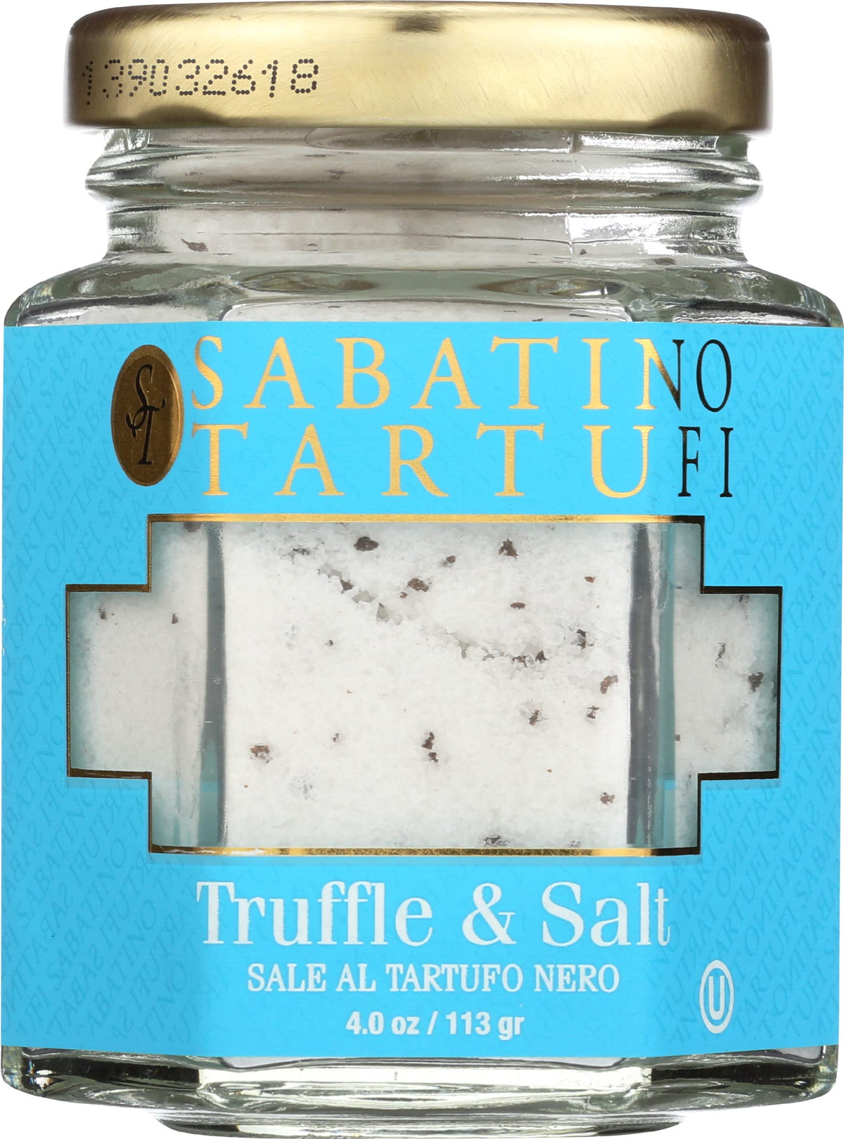 Sabatino Tartufi truffle salt bottle closeup enhances savory dishes with rich truffle aroma