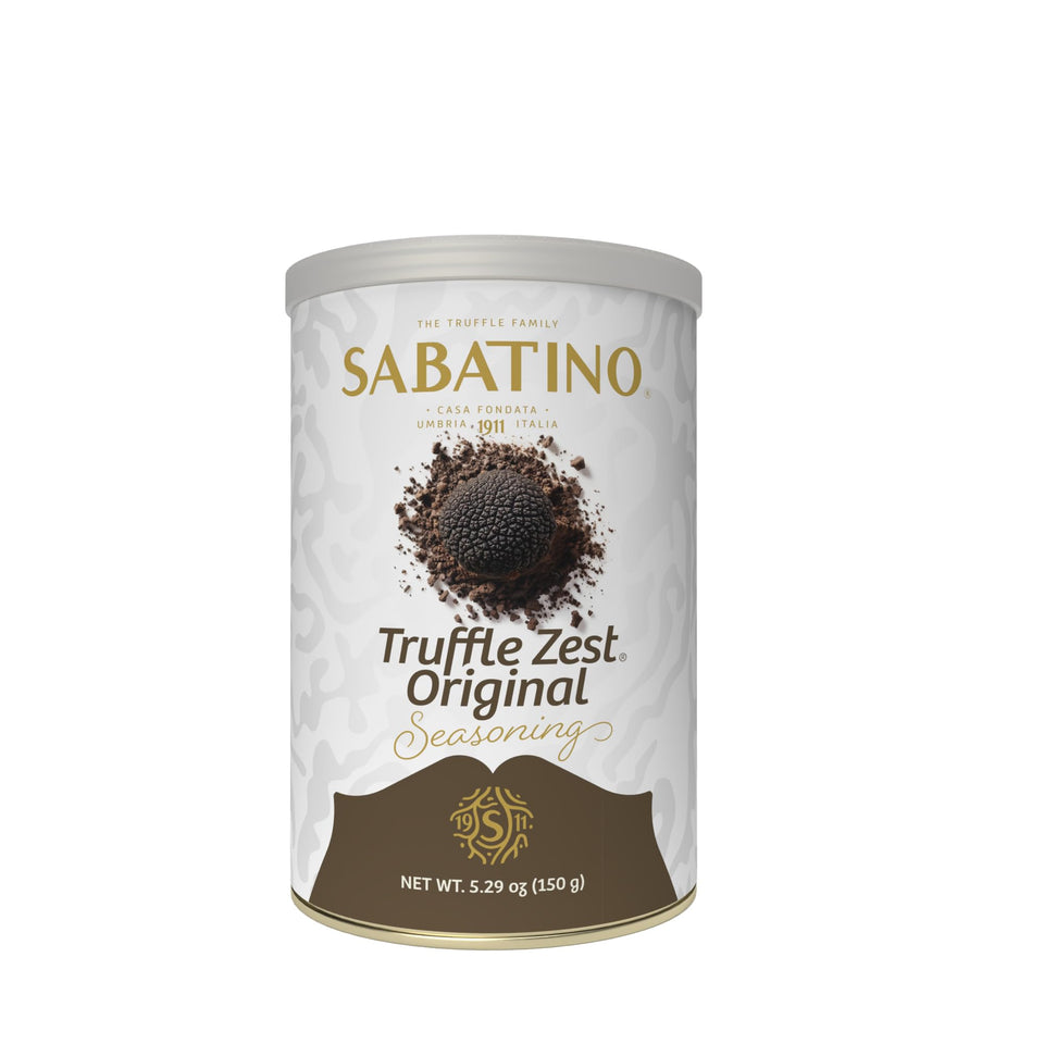 Sabatino Tartufi Truffle Zest jar close-up for premium aroma and versatile seasoning.