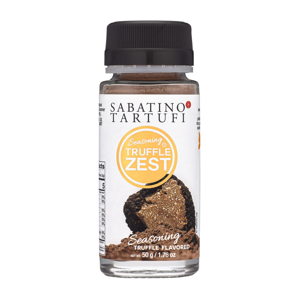 Sabatino Tartufi Truffle Zest jar finishing dishes with luxurious aroma.