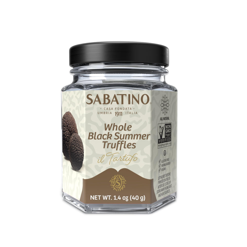Sabatino Tartufi whole black summer truffle in brine jar, ready to finish pasta