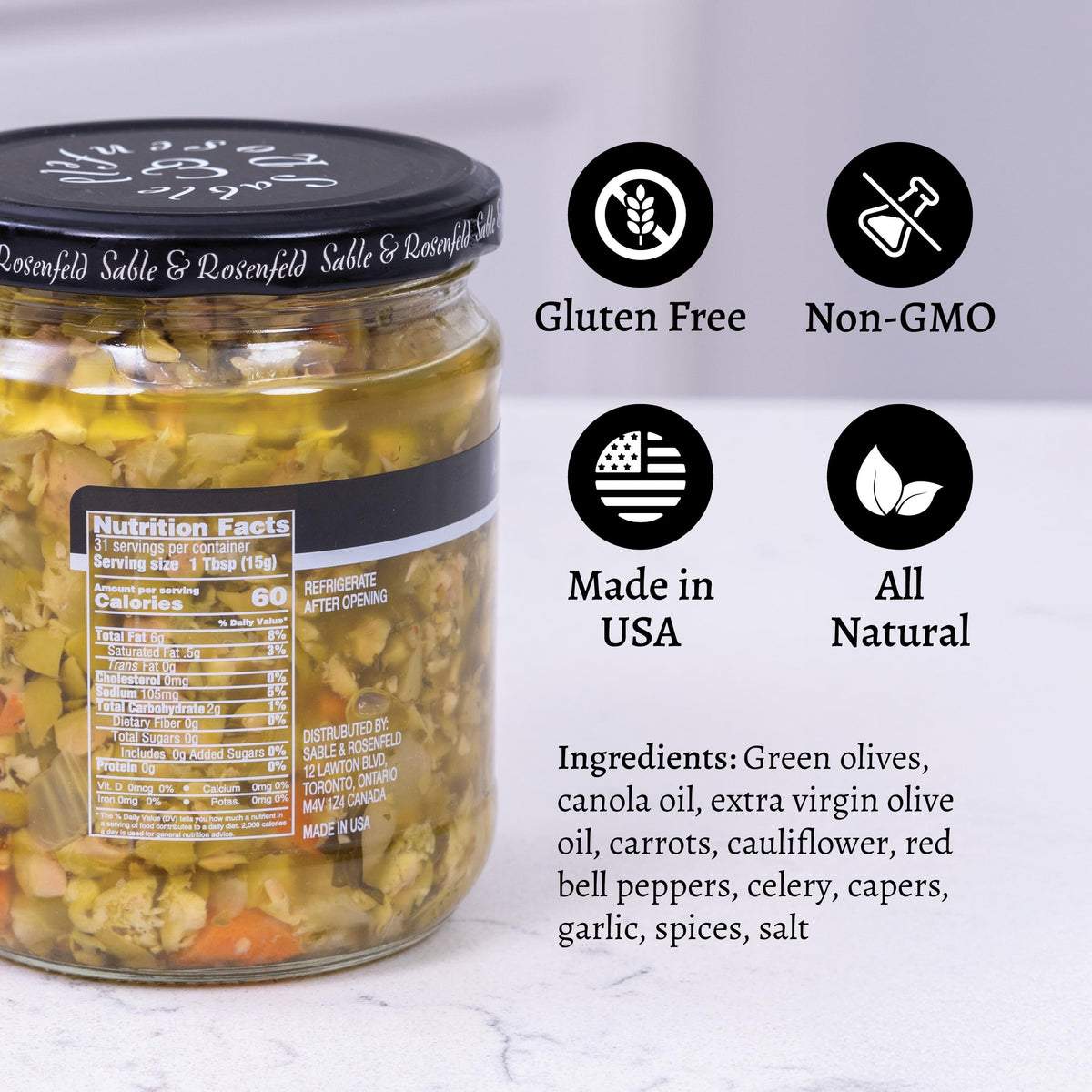 Sable & Rosenfeld label highlights gluten-free and Non-GMO ingredients.
