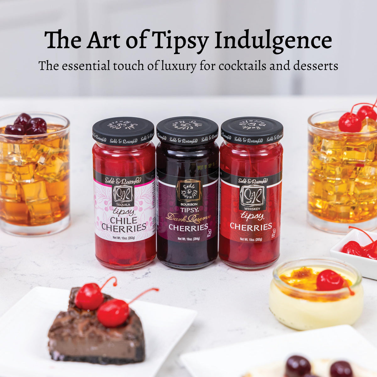 Sable & Rosenfeld cherries in a glass showcase plump texture and glossy glaze.