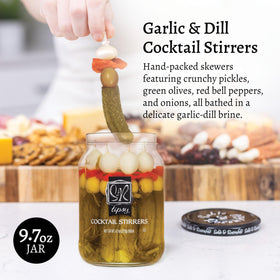 Sable & Rosenfeld hand-packed pickles and olives skewers ready to garnish drinks.