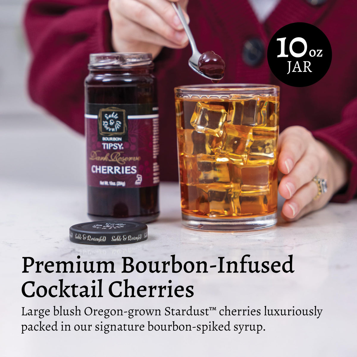 Sable & Rosenfeld Stardust Cherries in elderberry vanilla bourbon syrup, a decadent flavor centerpiece.