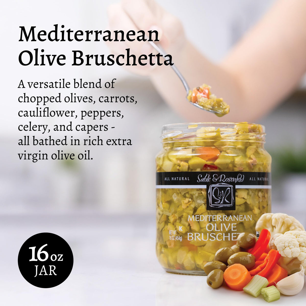 Sable & Rosenfeld bruschetta close-up shows olives, peppers, and capers for a rich spread.