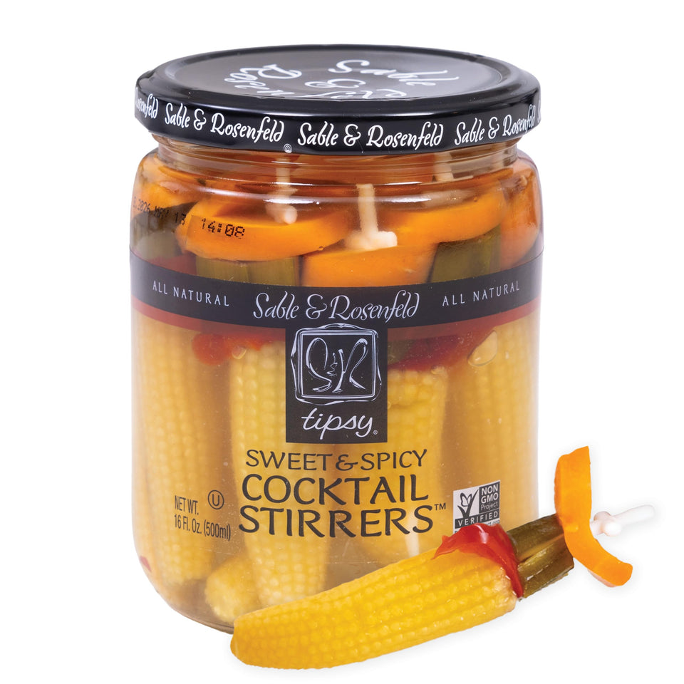 Sable & Rosenfeld Tipsy stirrers in a jar ready to elevate Bloody Mary garnishes.