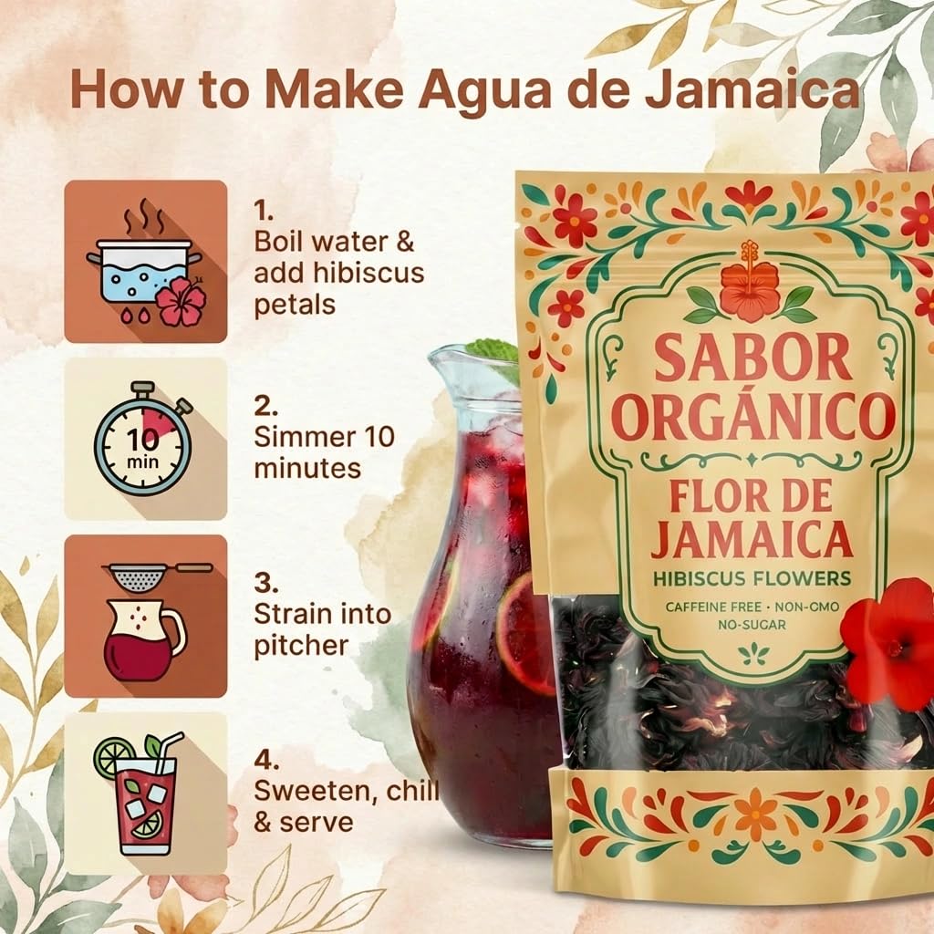 Sabor Orgánico hibiscus dried flowers ready for syrups or beverages in a glass.