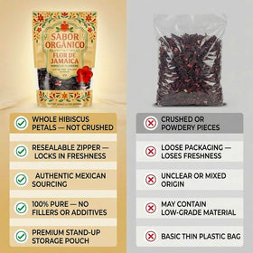 Close-up of Sabor Orgánico hibiscus flowers, showcasing vibrant petals for flavoring drinks.