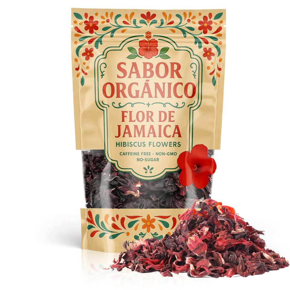 Sabor Orgánico hibiscus flowers in a resealable pouch, ideal for fresh hibiscus tea.