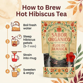 Sabor Orgánico hibiscus tea brew in cup, delivering bold color and fragrant aroma.