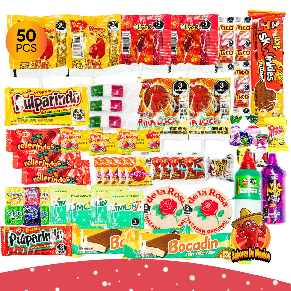 Sabores De Mexico Mexican Candy Variety Pack bag showing 50 pieces for gatherings