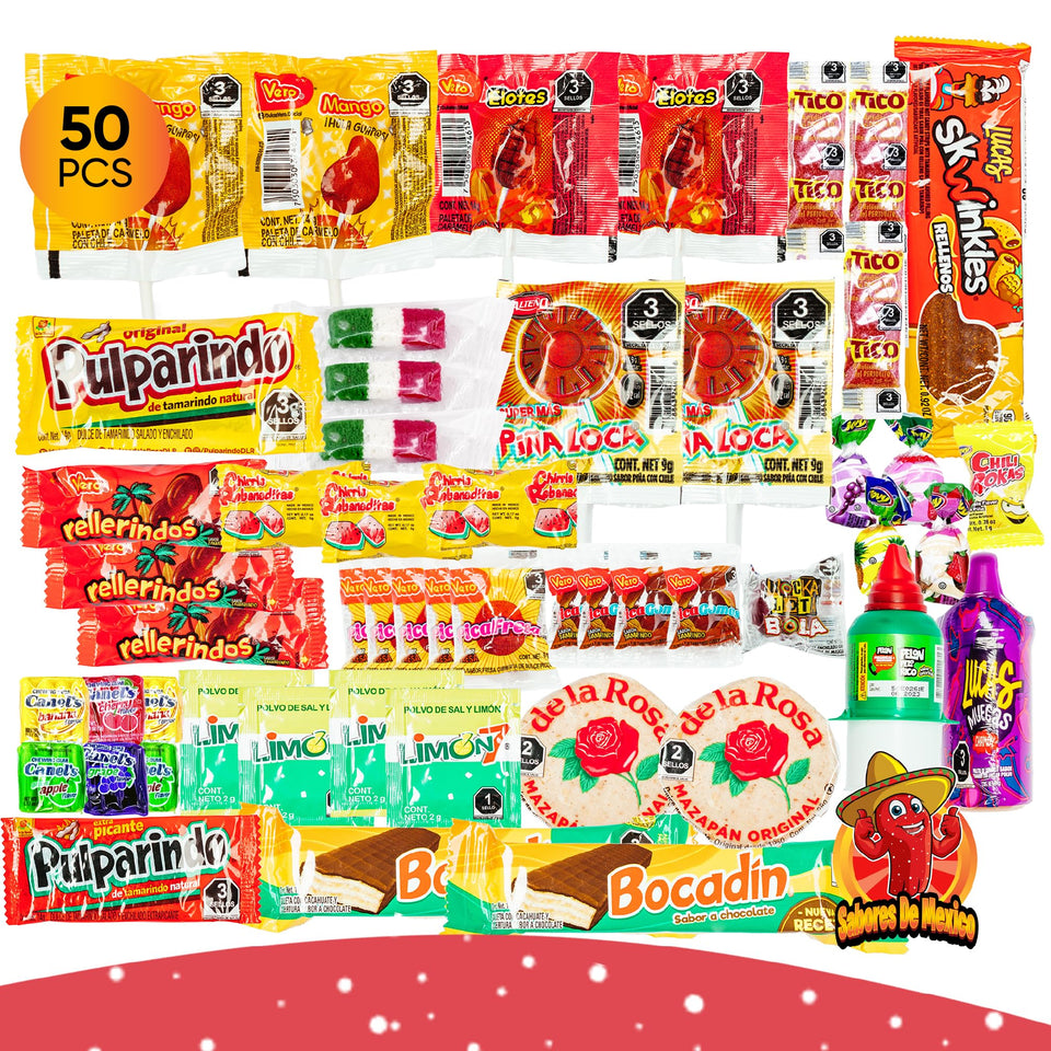 Sabores De Mexico Mexican Candy Variety Pack bag showing 50 pieces for gatherings